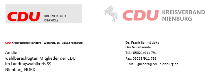 Einladung zur Aufstellungsversammlung im Landtags-Wahlkreis 39 – Nienburg NORD am 10.03.2022