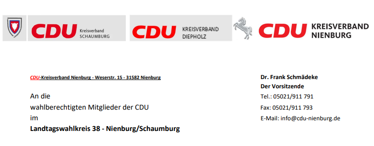 Einladung zur Aufstellungsversammlung im Landtags-Wahlkreis 38 – Nienburg/Schaumburg am 17.03.2022